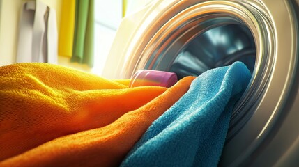 Preparing the colored towel for washing: Put the textile and the capsule into the machine.