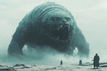 Obraz premium A Monstrous Creature Looms Over Tiny Figures in a Foggy, Desolate Landscape
