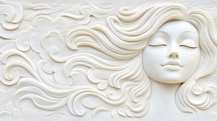 A woman's head is carved out of white marble