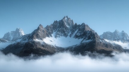 Obraz premium The stunning peak rises majestically, shrouded in clouds, embodying nature's tranquility