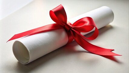 A close-up shot of a rolled-up diploma with a red ribbon tied around it, symbolizing academic achievement and graduation from high school.