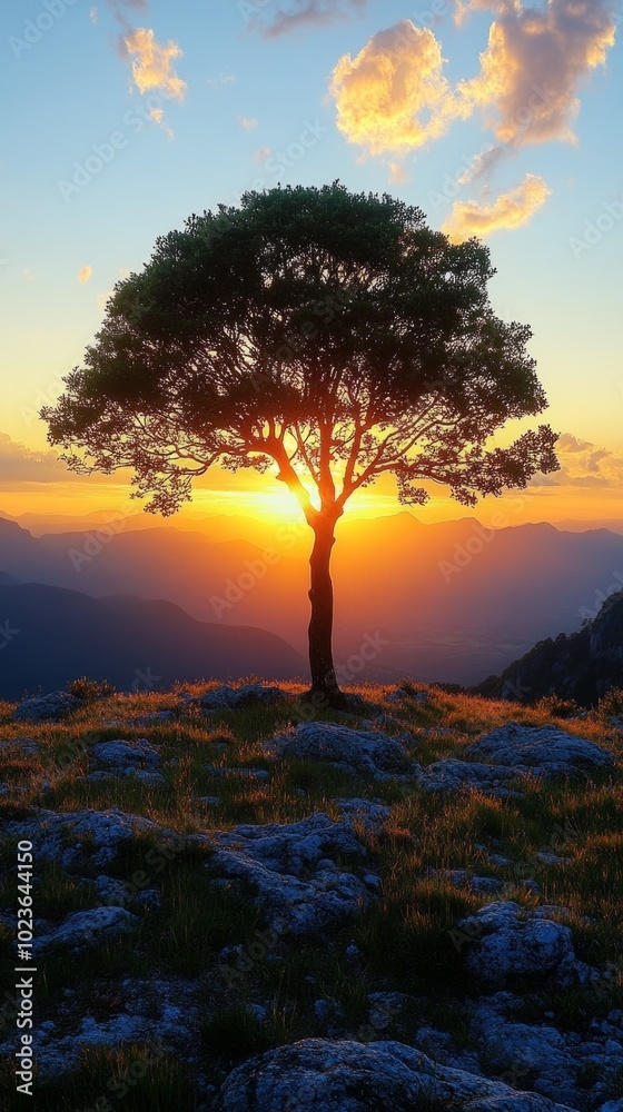 Poster a tree is silhouetted against the sky with the sun setting behind it