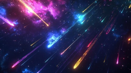Obraz premium Neon-Colored Shooting Stars Streaking Across a Starry Night Sky