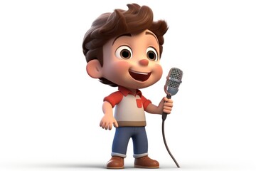 Little boy singing cartoon microphone smiling.