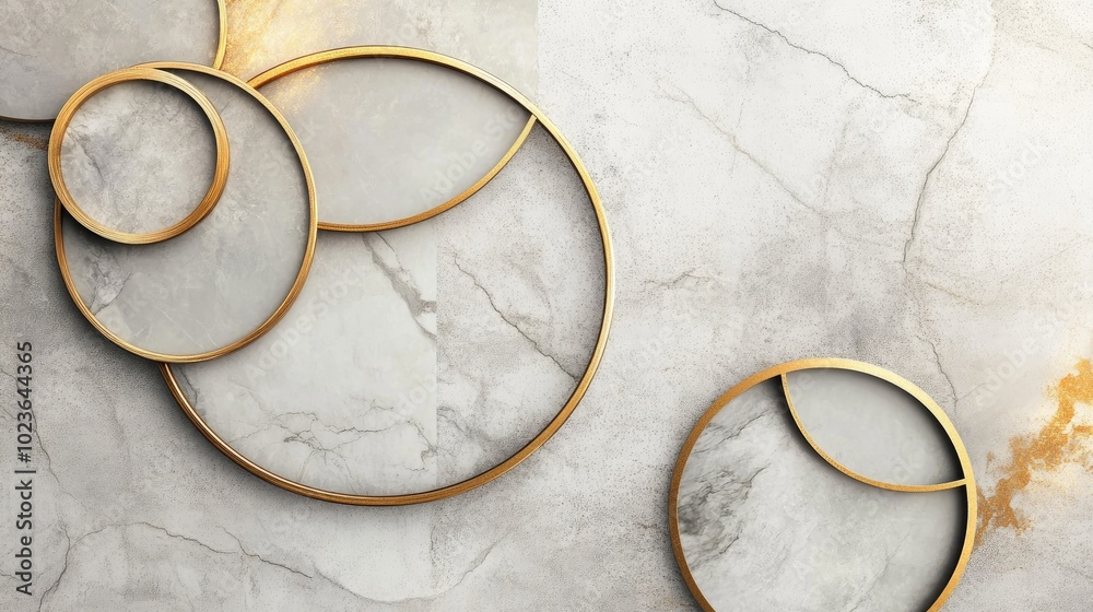Poster Artistic 3D geometric pattern background featuring golden lines and circles on a light marble texture ideal for modern minimalist mural wallpaper and interior decor