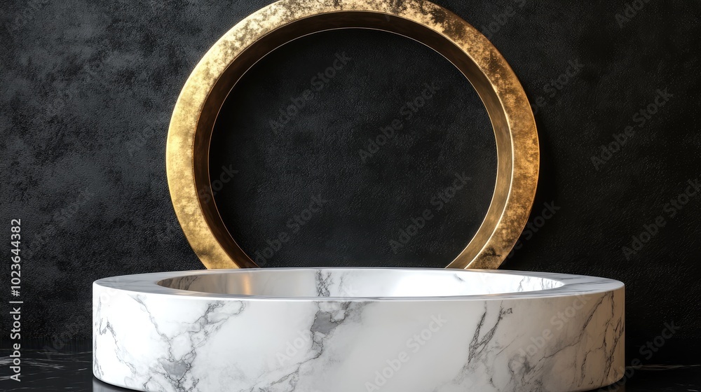 Poster 3d rendering of a white marble pedestal with a golden circular frame