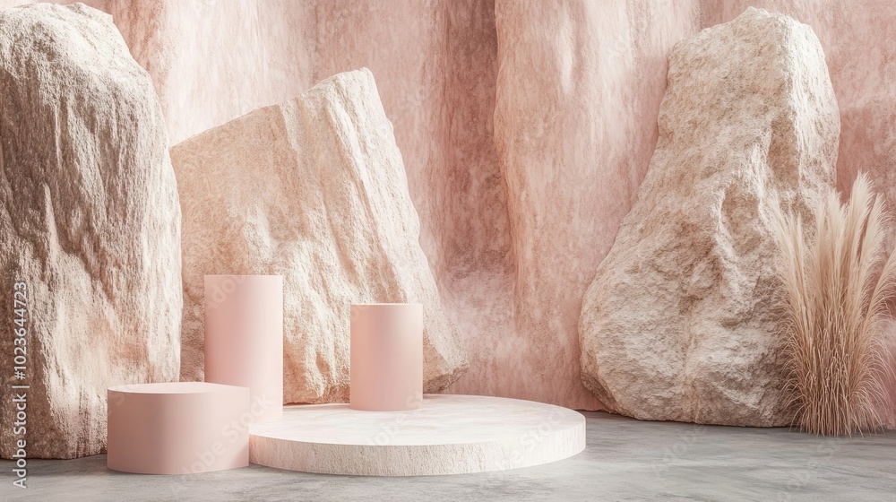 Aufkleber Abstract pastel geometric shapes in a stone and rock texture background minimalist mockup suitable for podium display or showcase 3D rendering