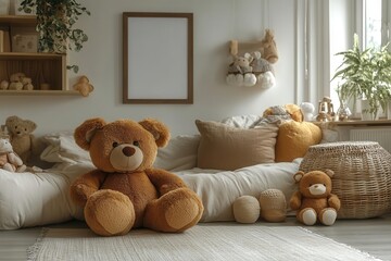 stylish scandinavian baby room featuring a cozy layout with a brown wooden mockup poster frame plush toys and child accessories radiating comfort and modern design