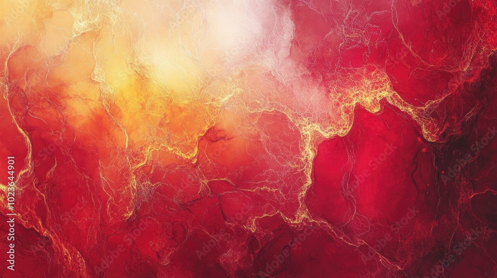 Poster Abstract fantasy marble texture featuring a romantic fractal background with red and yellow hues Digital art created through 3D rendering techniques