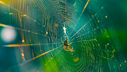 Spider on intricate web in sunlight. A close-up view of a spider resting on its delicate and...
