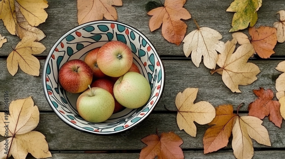Poster apples in a bowl surrounded by vibrant autumn leaves on a wooden surface with space for text