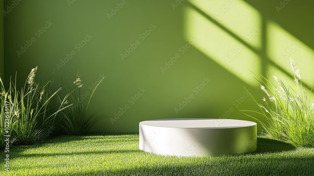 Aufkleber 3d podium display with a green background featuring natural grass and sunlight shadows minimalist na