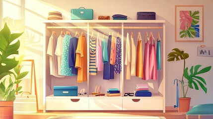 Bedroom wardrobe: vector image with various clothes in the closet.