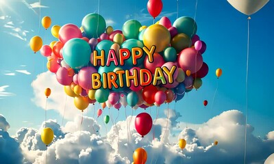 Colorful birthday balloon celebration floating among the clouds with bright sunlight illuminating the sky - Powered by Adobe