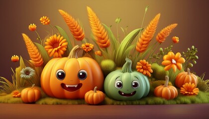 Cute Pumpkins with Flowers and Grass
