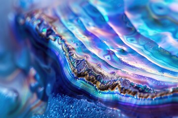 High magnification macro of blue abalone pearl shell with vivid iridescent layers.