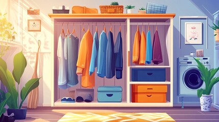 Vector image of a bedroom with a wardrobe filled with various clothes.