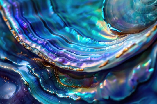 High magnification macro of blue abalone pearl shell with vivid iridescent layers.