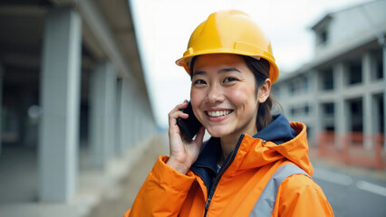 Asian worker talking on cell phone