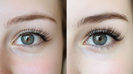 Obraz premium Before-and-after images of a client showcasing the transformation with classic eyelash extensions, emphasizing the difference in volume and length.