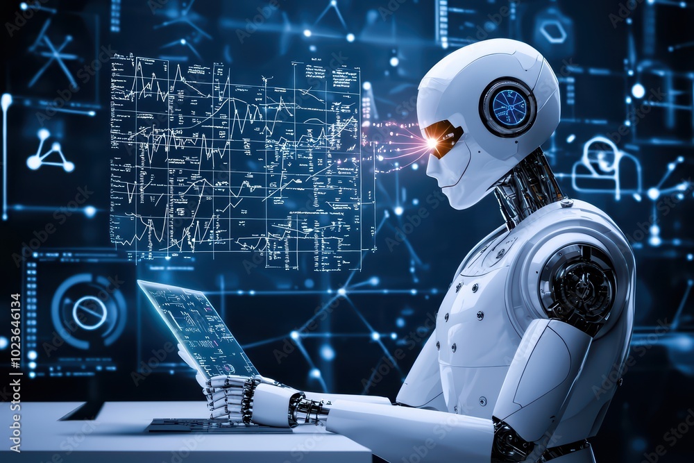Poster futuristic robot analyzing data on digital screen in a high-tech environment.