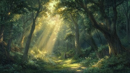 Sunbeams Illuminating a Path Through a Dense Forest