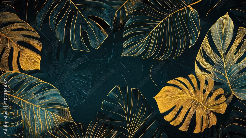 Poster abstract art background featuring tropical leaves in gold line art style botanical design ideal for 