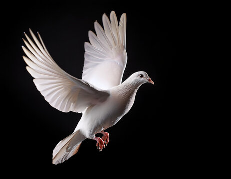 Paloma blanca de la paz volando con las alas abiertas en un fondo negro, s&iacute;mbolo universal de esperanza, libertad y fraternidad entre los pueblos en busca de un mundo mejor