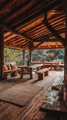 Fototapeta premium Cozy Rustic Cabin Interior with Wooden Furniture