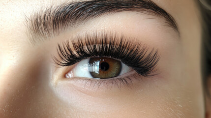 Fototapeta premium Close-up of beautifully applied classic eyelash extensions, highlighting their length and curl against a background of soft, natural light.
