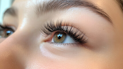 Fototapeta premium Close-up of beautifully applied classic eyelash extensions, highlighting their length and curl against a background of soft, natural light.