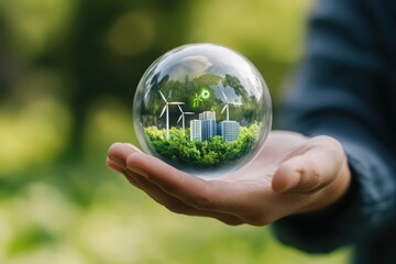 Hand holding a glass sphere showcasing green energy concept with wind turbines and cityscape.