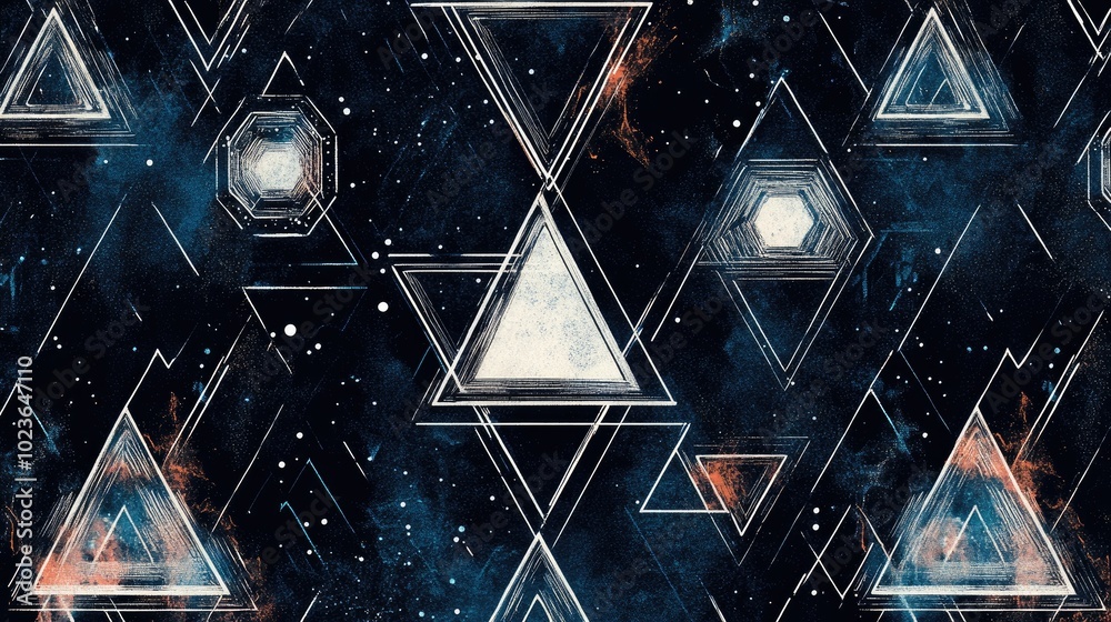 Poster Abstract fantasy thin line seamless pattern featuring hexagons and triangles Creative geometric mosaic tile design