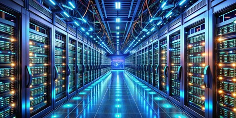 A futuristic data center filled with rows of humming servers, blinking lights, and intricate cables, representing the backbone of modern digital infrastructure and advanced computing systems.