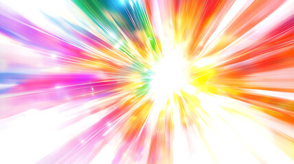 Fototapeta premium A bright multicolored flash with sharp neon light emitting from a pure white background. An intense burst of color, energy and light.