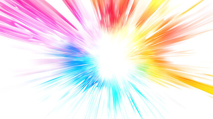 Obraz premium A bright multicolored flash with sharp neon light emitting from a pure white background. An intense burst of color, energy and light.
