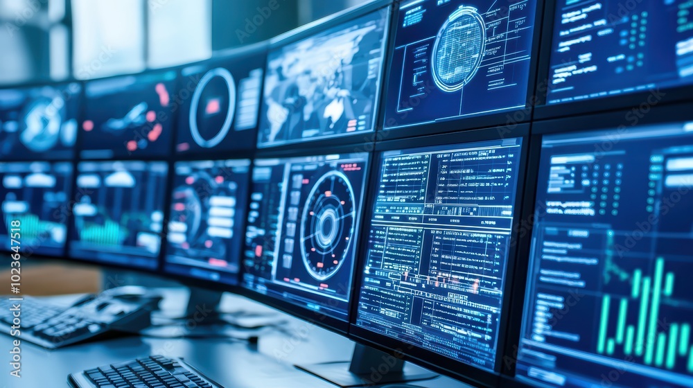 Poster high-tech control room featuring multiple screens with data visualizations and interfaces.