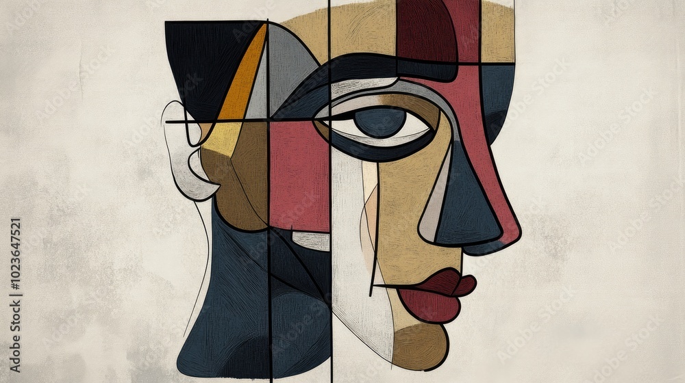 Poster abstract one line face drawing in a cubist surreal style modern art with contemporary trendy element