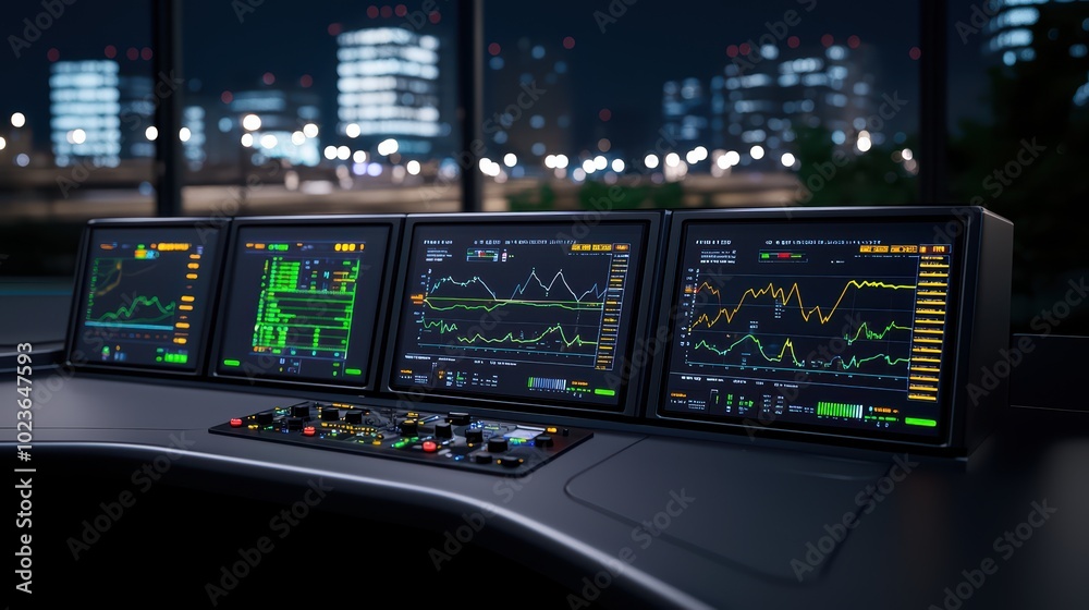 Poster high-tech monitoring control room with multiple screens displaying data analytics and graphs at nigh