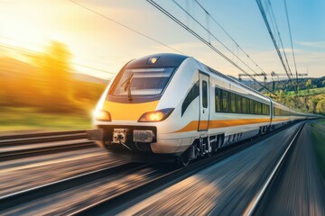 Naklejka premium High-speed train traveling through a scenic landscape at sunset. Captivating motion and modern design.