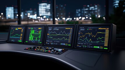 High-tech monitoring control room with multiple screens displaying data analytics and graphs at night.