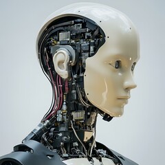 Fototapeta premium Human-like robot with exposed mechanical details, AI future concept.