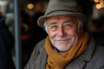 stylishly dressed elderly gentleman with a warm smile set against a deep contrasting background exuding charisma and timeless fashion