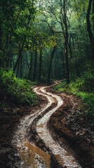 Scenic Winding Muddy Trail Through Dense Forest