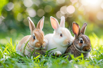 Fototapeta premium Three cute bunnies in the grass.