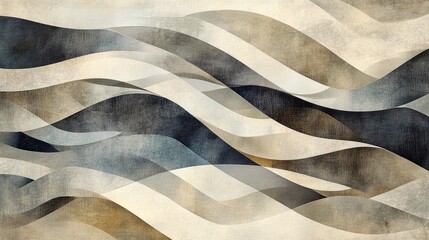 Artistic geometric wallpaper featuring translucent wavy stripes set against a vibrant backdrop of varied polygons segments and forms in soft beige and gray hues