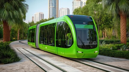 Naklejka premium Modern green tram moving through a cityscape with palm trees and skyscrapers in the background.