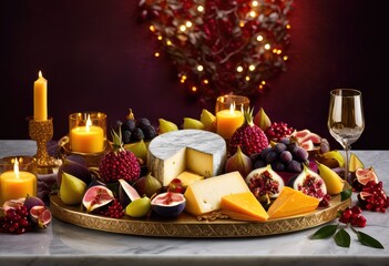 luxurious gourmet cheese platter featuring vibrant fruits dazzling arrangements sumptuous presentation, cheddar, brie, gouda, camembert, raspberry