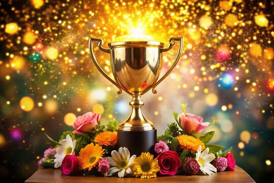 A gold trophy surrounded by colorful flowers and sparkling lights represents exceptional skill and achievement, symbolizing outstanding performance and recognition in a competitive field.