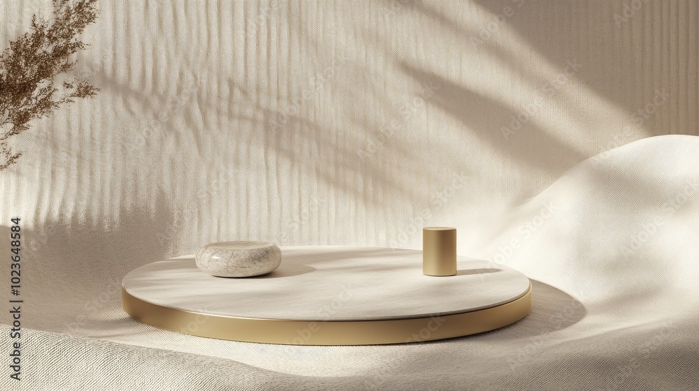 Poster 3D rendering of a minimal product display featuring a circular podium with gold accents on textured fabric suitable for luxury cosmetic product photography from an overhead perspective